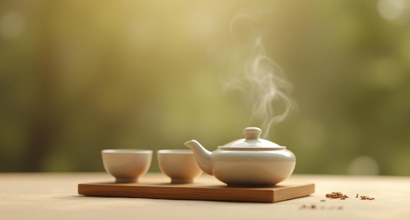 Minimalist tea set with steam rising in a tranquil setting