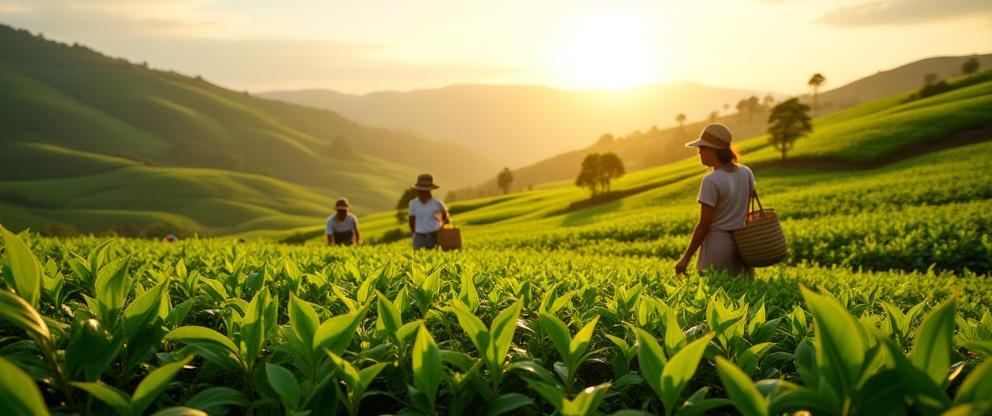 Eco-friendly tea fields with workers harvesting leaves